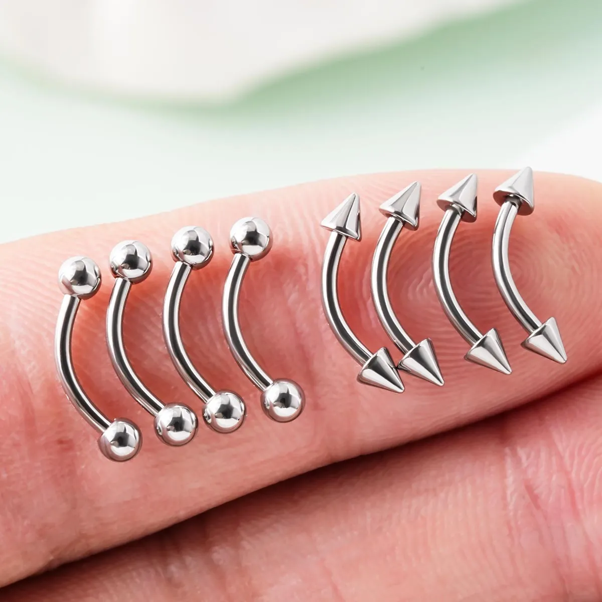 16G 8PCS Balls and Spikes Rook Eyebrow Ring Curved Bar Set