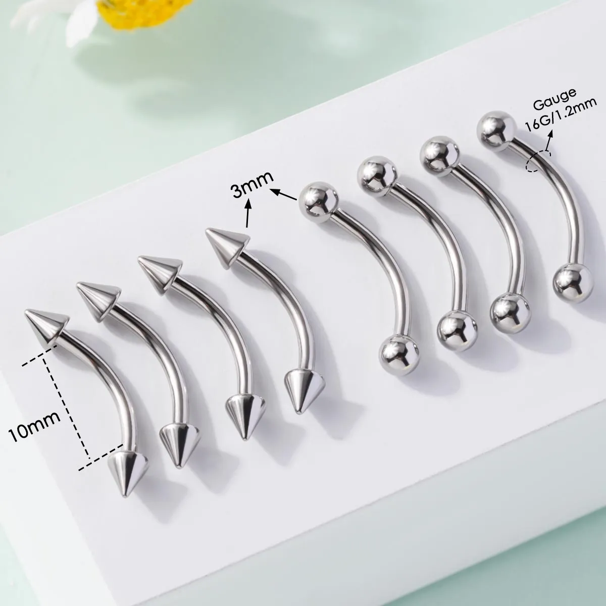 16G 8PCS Balls and Spikes Rook Eyebrow Ring Curved Bar Set