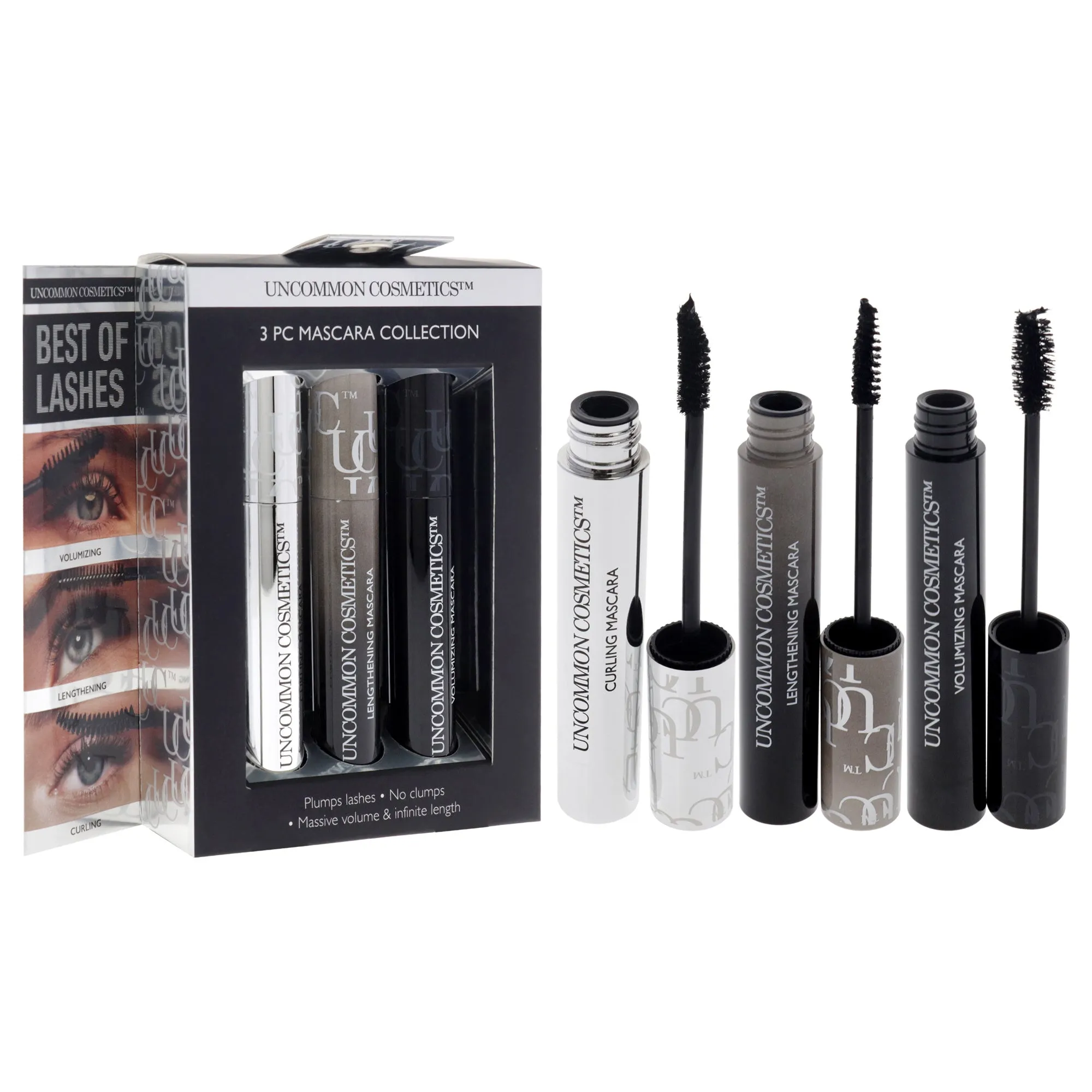 Best Of Lashes Mascara Collection Set by Uncommon Cosmetics for Women - 3 Pc 0.27oz Lengthening Mascara, 0.27oz Volumizing Mascara, 0.27oz Curling Mascara